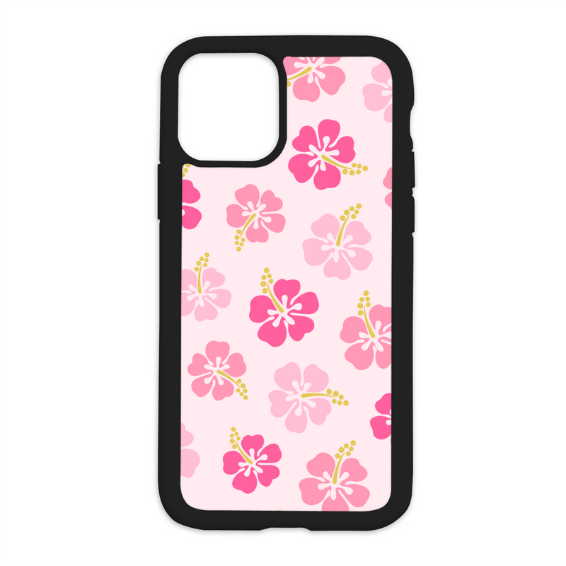 Pink Hibiscus Pattern Design On Black Phone Case