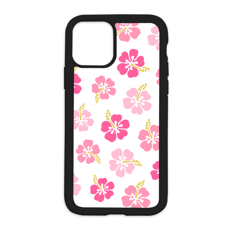 Pink Hibiscus Pattern Design On Black Phone Case