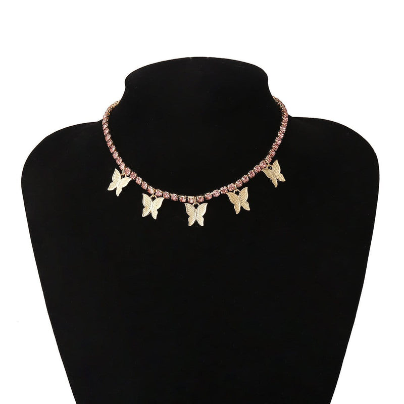 Gold And Pink Butterfly Tennis Necklace - Deluxe Amour